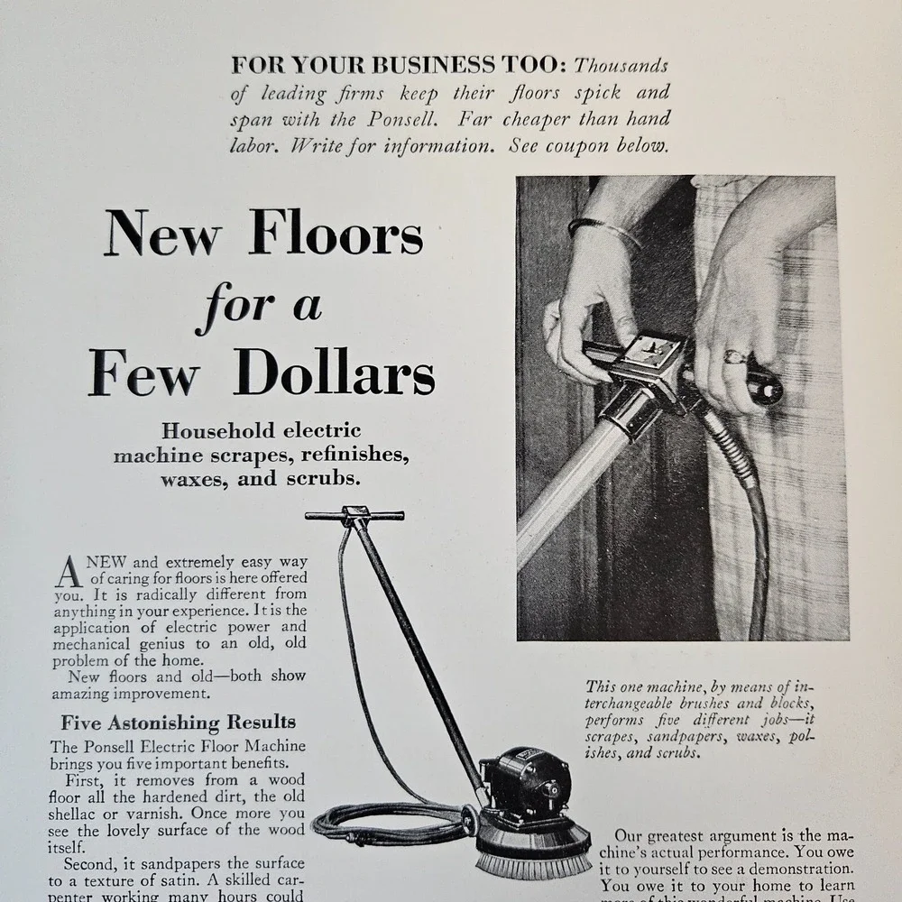 1927 Ponsell Floor Machine Scrape Sand Wax Polish Scrub Vintage Print Ad Cleaner